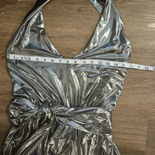 French Connection  NWT halter wide leg high shine Metallic silver Jumpsuit - M - Image 12