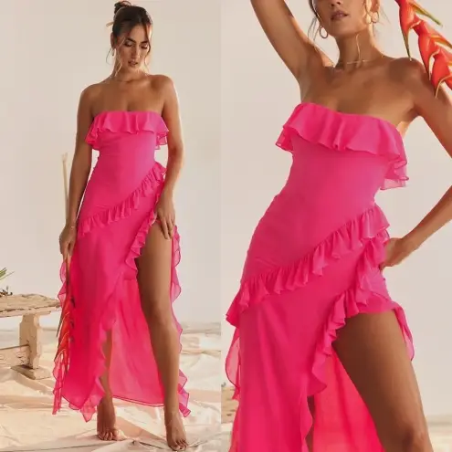 House Of CB HOUSE‎ OF CB 'Sarina' Fuchsia Ruffle Maxi Dress NWOT size L - Image 2