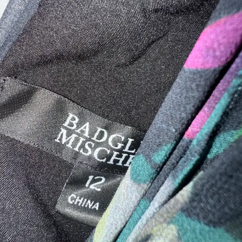 Badgley Mischka Black Floral Print Long Sleeve V-Neck Pleated Chiffon Gown 12