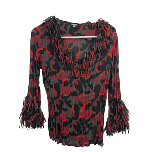 Vintage Crinkle Y2K 90s 2000s Blouse Top Small Red Black Abstract Fringe Fairy
