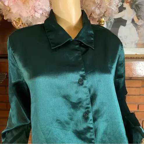 Jaclyn Smith DARK FOREST GREEN JEWEL TONE SATIN BUTTON DOWN BLOUSE (14)