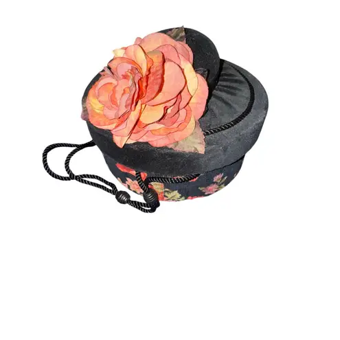 Sewing Hat Box / Purse / Velvet / Floral / decorative / Vintage / EUC Black