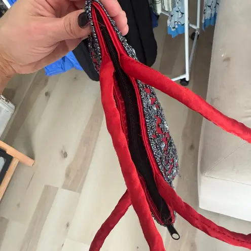 Vintage 90s beaded Silk Beaded Evening Bag Purse Handcrafted small zipper fringe Red