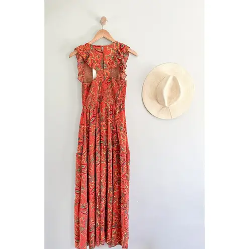 MELLODAY | Smocked Floral Sleeveless Maxi Dress | Orange Mustard Palm | Sz XS