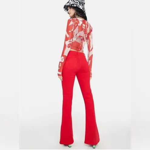 Edikted Engine Red Lace Up Front Flare Leg Jeans, Sz M