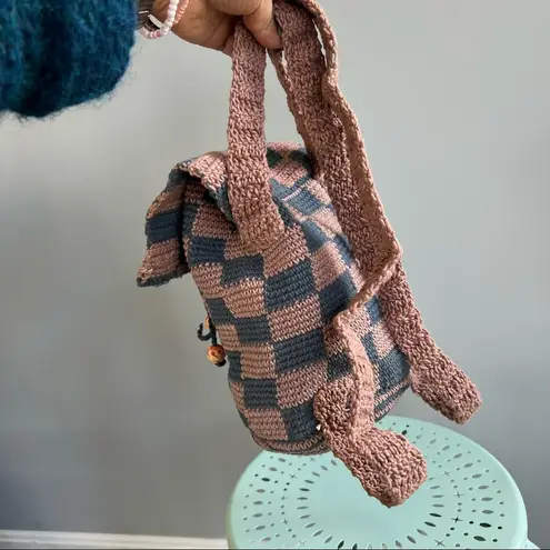Handmade Crochet Checkered Mini Backpack Y2K aesthetic dusty blue