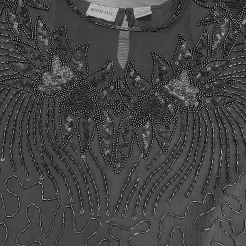 Vintage 80s Denise Elle Black Beaded Silk Top S Art Deco Sequin Evening Blouse Size L