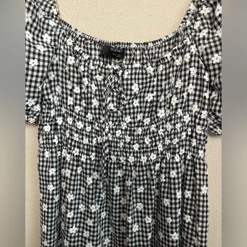 Sophie Rue Puff Sleeve Smocked Waist 90s Gingham Daisy Print Midi Dress S