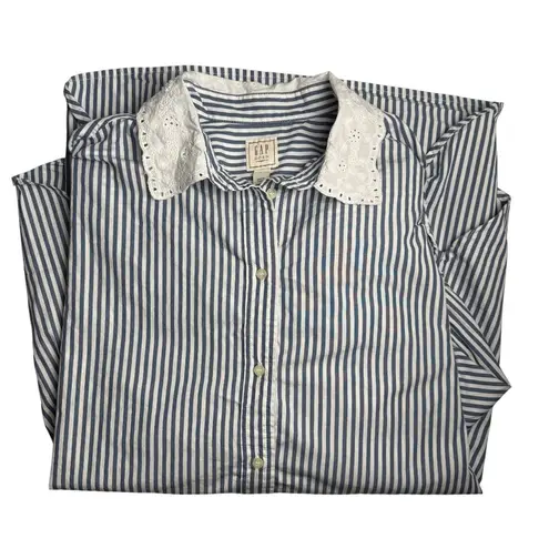 Gap X DOEN Eyelet Lace Collar Button Down Big Shirt Blue Stripe 100% Cotton L Size L