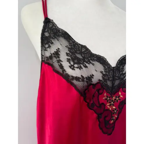 Vanity Fair Vintage Nightgown black Lace and Shiny red Satin USA Slip Gown large
