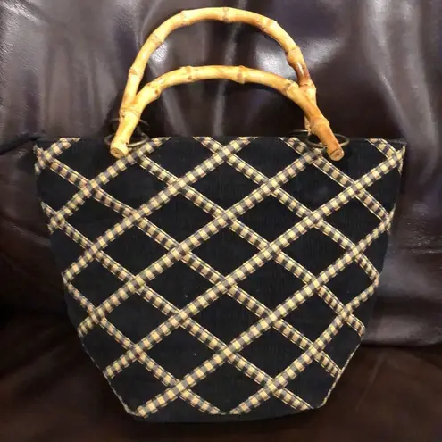 Longaberger Bamboo Handle & Black Corduroy Bag w Diamond Pattern Overlay VINTAGE