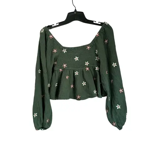Altar'd State  Olivia Embroidered Babydoll Green Cotton Gauzey Blouse Sz XS