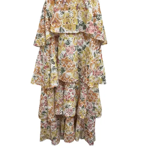 En Saison Presley Midi Dress Tiered Skirt Floral Embroidered M Ruffle Cottage Green Size M