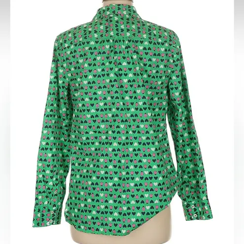 Talbots Classic Cotton Button Front Shirt Blouse Ladybug Hearts Size Medium M Green