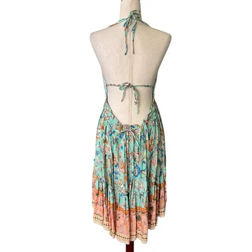 R.Vivimos Halter Deep V Neck Sexy Patchwork Mini Dresses Blue Size L