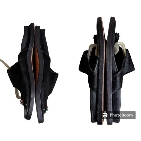 Naked Feet Sandals Flats 8.5 Beaded Toe Loop Black Leather Nubuck Square…