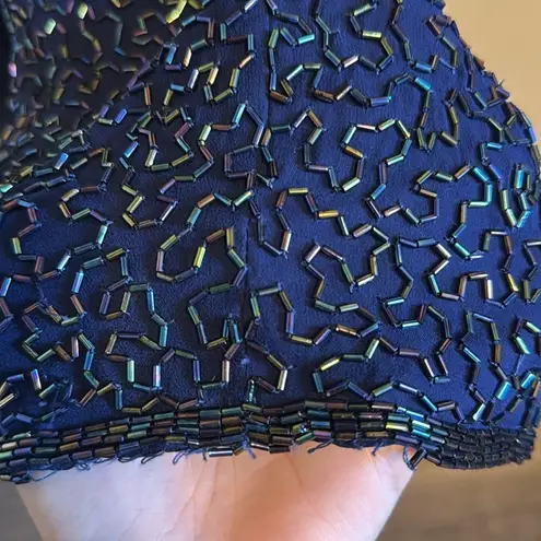 Laurence Kazar Vtg Halter Beaded embellished silk formal gown dress blue gold L