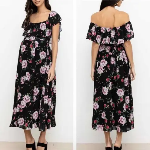 Yumi Kim Anthropologie Chantal Black Pink Floral Maternity Midi Dress Size Small