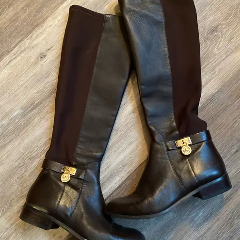 Michael Kors  Hamilton Stretch Dark Brown Leather Riding Boots with Gold Accents thumbnail 2