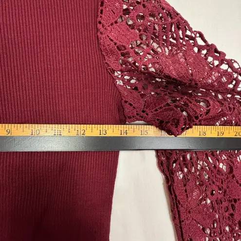 Pretty Garden Fitted Ribbed Top Womens S Lace Sleeves Burgundy Romantic Feminine Red