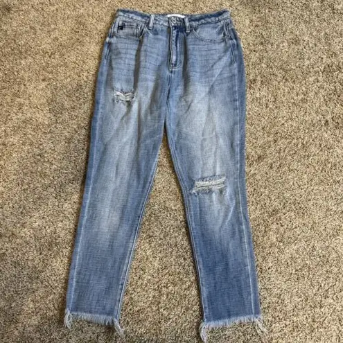KanCan Jeans Women Size 7/27 Blue Light Wash High‎ Rise Straight Stretch Raw Hem