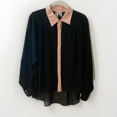 Mimi Chica Black Sheer Button Down Women's Medium Blouse Shirt Pink Contrast Trim Goth Vamp