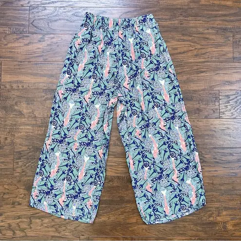 Flax • wide leg crinkle rayon pants fish seaweed pattern coral blue green