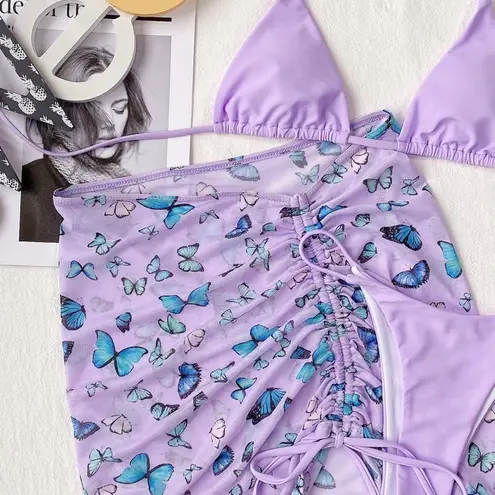 Taro purple cheeky bikini butterfly cover skirt three pieces set Size L