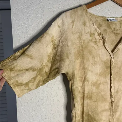 Oh My Gauze! Tie Dye Top Size 1 Lagenlook Casual Notch V Neck Tan Olive Size M