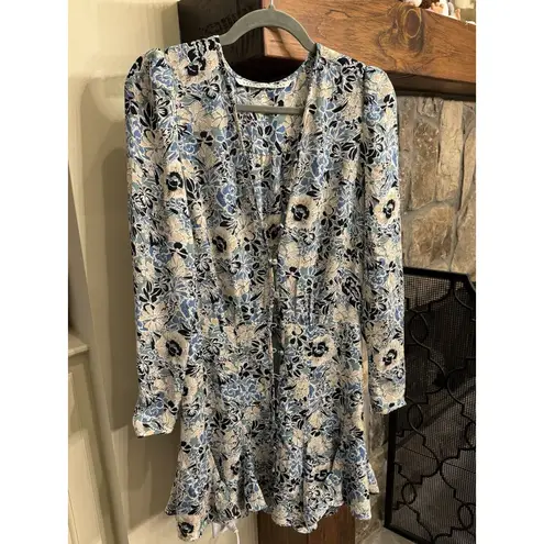 Veronica Beard 14 Riggins Dress Mini Shift Blue Silk Floral V Neck Long Sleeves