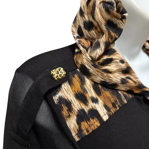 Joseph Ribkoff Black Leopard SS Hoodie Knit Top Jacket Sz 10 Sheer Sleeve Dressy