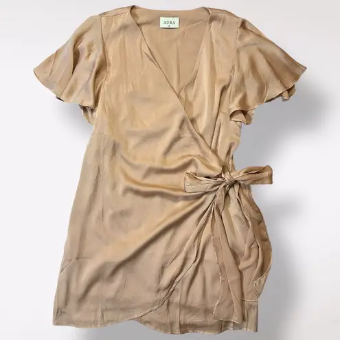 Aura Blush Wrap Dress Flutter Sleeves Size L Classic Party Romantic