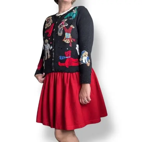 Vintage Susan Bristol Teddy Bear Applique Black Knit Cardigan Sweater Petite Size undefined
