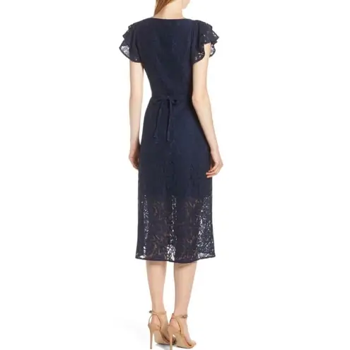Ali & Jay Dress XS Lace and Paper Flowers Wrap Midi Ruffle Sleeve Navy Blue