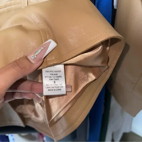 JLUXLABEL Camel Faux Leather One Button Front Belted Blazer Jacket