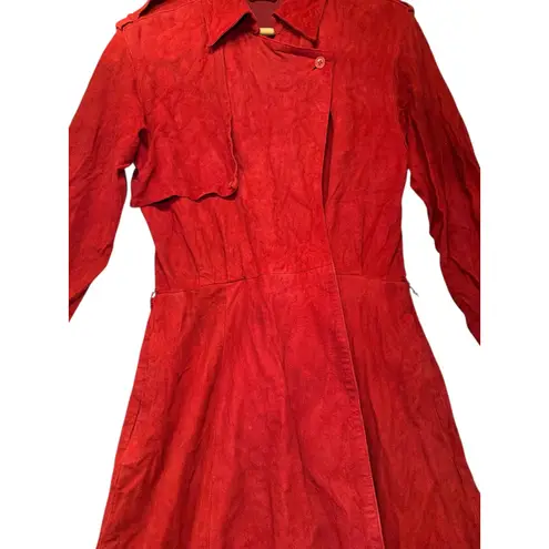Vintage Wine Red 100% Leather Trench Coat Dress Women's Well Loved Unique Size 8