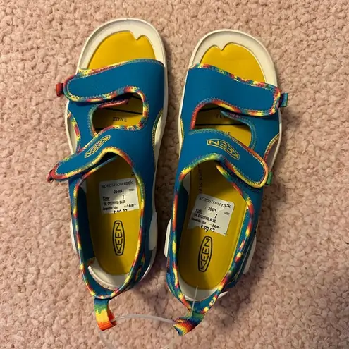 Keen NWT  Unisex-adult Knotch River Open Toe Sandal Tie Dye/Vivid Blue size 7