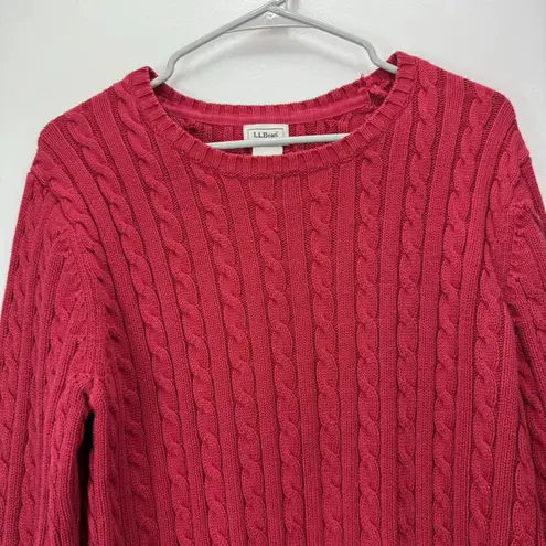 LL Bean Red Pullover Cable Knit Crew Neck Long Sleeve Cotton Sweater Size XL