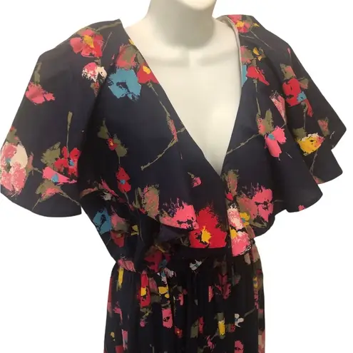 VTG 80’s Deep V Navy Floral Maxi Dress 12/14 Flowy Sleeve Collar Elastic Waist Multiple