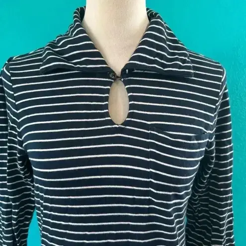 LRL Lauren Ralph Lauren Navy Stripe Cotton Collared Long Sleeve Midi Dress S Blue