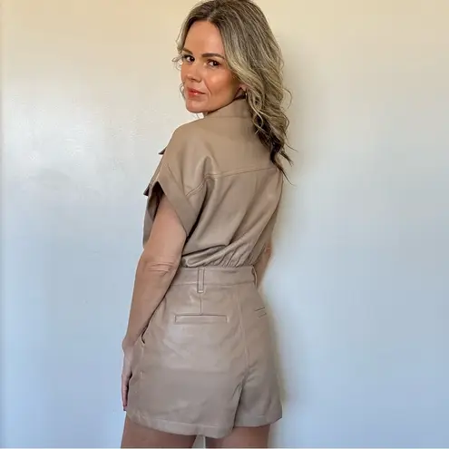 Vintage Havana Faux Leather Utility Romper in Tan
