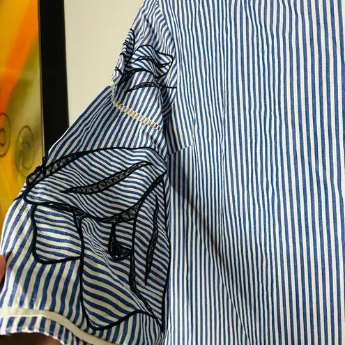 Tanya Taylor Women's Martine Blue White Striped Leaf Design Blouse Top Size 4