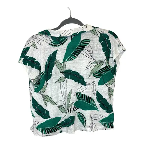 Tahari Linen Tropical Leaf Print Top M Green White Resort Coastal Chic
