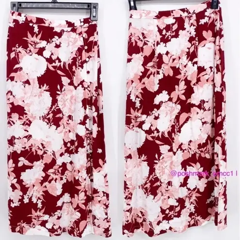 Chelsea28 Red Floral Print MIDI Slip Skirt Slit S