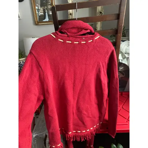 Vintage Y2K Chunky Knit Crew Neck Stitch Red Sweater Fringe Scarf 2X Cozy Winter