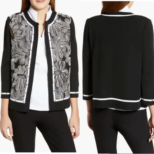 Ming Wang Floral Embroidered Knit Jacket Black and White Size L