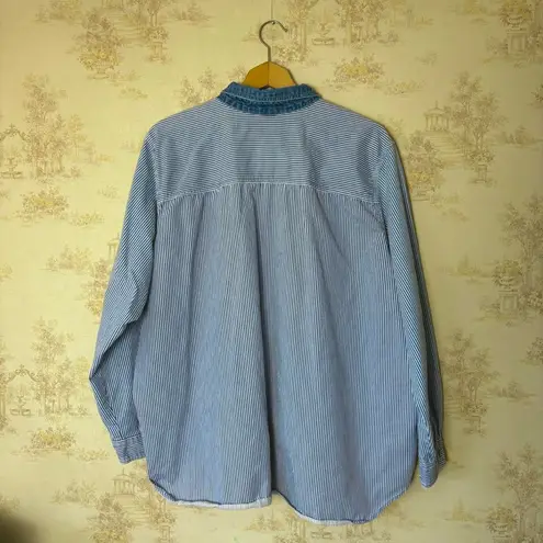 Vintage 90s blue striped denim fall pumpkin patch teddy bear button up shirt Size XXL
