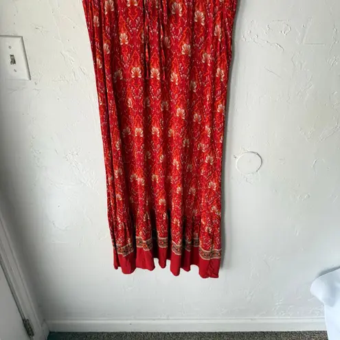 Floral Blooming Red Boho Maxi Dress XXL Empire Waist Button V