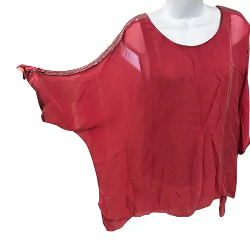 Lola Made in Italy Red Sequin Embellished Sheer Batwing Sleeve Top Size S