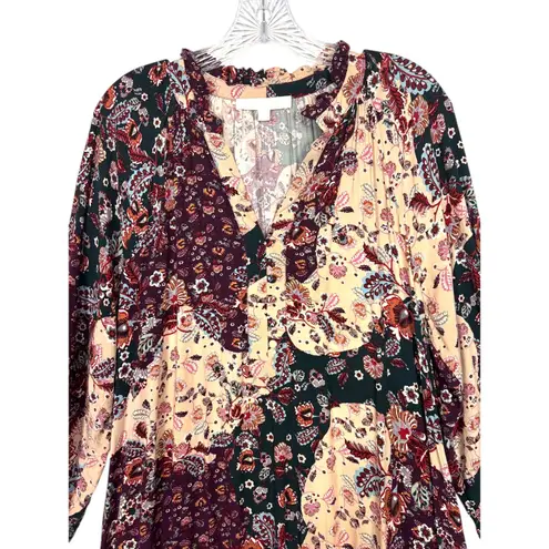 Adyson Parker Patchwork Floral Print Long Sleeve Tiered Ruffle Dress sz L Boho